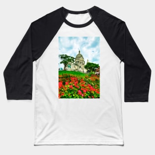 Sacre Coeur Basilica, Red Flowers, Paris, France Baseball T-Shirt